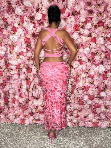 Valentine's Day Rose Printed Cross Strap Tank Top And High Low Hem Skirt Set