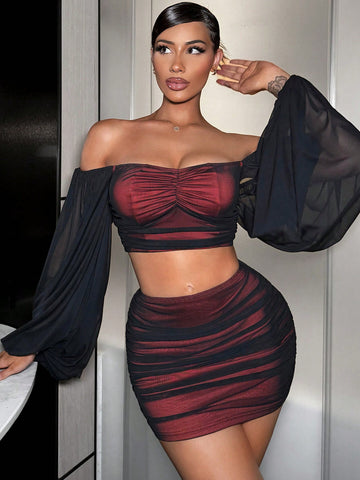 Valentine's Day Women's Sexy Hollow Out Crop Top And Pleated Mini Skirt 2 Piece Set