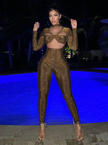 Valentines Sexy Outfits Club New Years Women Outfit Glitter Women'S Hollow Out & Sparkling Bodycon Jumpsuit