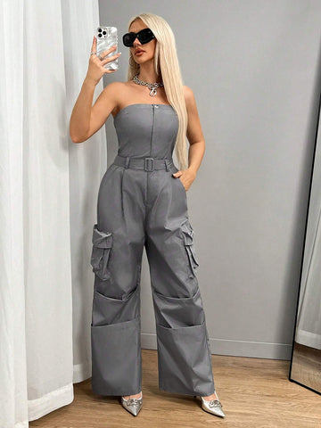 Vintage Gray Utility Pocket Sleeveless Jumpsuit