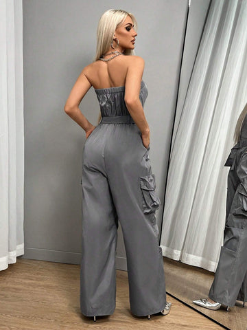 Vintage Gray Utility Pocket Sleeveless Jumpsuit