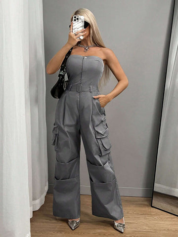 Vintage Gray Utility Pocket Sleeveless Jumpsuit