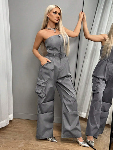 Vintage Gray Utility Pocket Sleeveless Jumpsuit