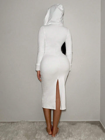 Warm Plush Hooded White Dress, Fall Winter