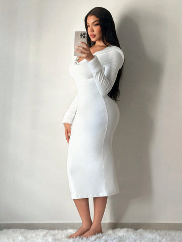 Warm Plush Hooded White Dress, Fall Winter