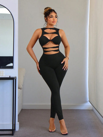 Western Summer Clothes Festival Music Concert Black Jumpsuit Women Tight Hollow Out Bodysuit
