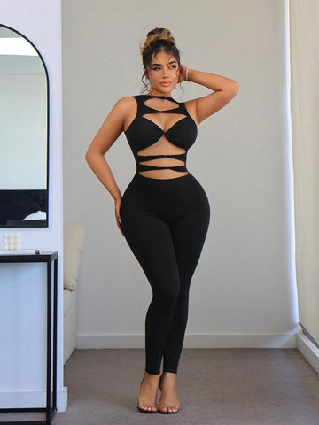 Western Summer Clothes Festival Music Concert Black Jumpsuit Women Tight Hollow Out Bodysuit