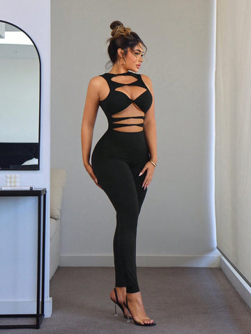 Western Summer Clothes Festival Music Concert Black Jumpsuit Women Tight Hollow Out Bodysuit