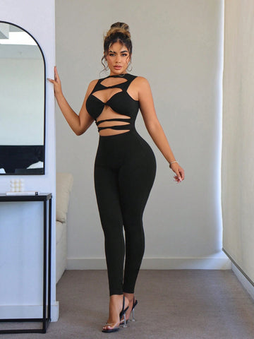 Western Summer Clothes Festival Music Concert Black Jumpsuit Women Tight Hollow Out Bodysuit