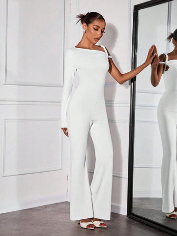 White Asymmetrical Shoulder Design Sexy Dress, Fall/Winter