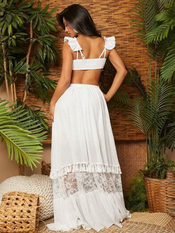 SXY White High-Waisted Chiffon Lace Fringed Maxi Skirt For Women Holiday Sexy Summer Beach Vacation Boho Women Outfit Pride Clothes Western Wear Birthday Outfit Bachelorette Party Concert Club Graduation Party White