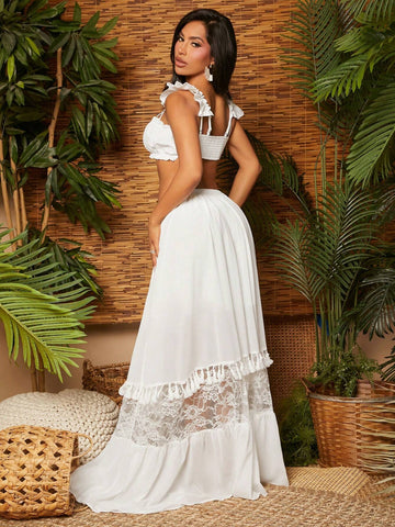 SXY White High-Waisted Chiffon Lace Fringed Maxi Skirt For Women Holiday Sexy Summer Beach Vacation Boho Women Outfit Pride Clothes Western Wear Birthday Outfit Bachelorette Party Concert Club Graduation Party White