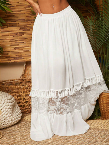 SXY White High-Waisted Chiffon Lace Fringed Maxi Skirt For Women Holiday Sexy Summer Beach Vacation Boho Women Outfit Pride Clothes Western Wear Birthday Outfit Bachelorette Party Concert Club Graduation Party White