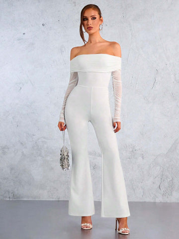 White Mesh Off Shoulder Sexy Jumpsuit For Women, Valentine's Day