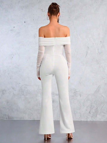White Mesh Off Shoulder Sexy Jumpsuit For Women, Valentine's Day