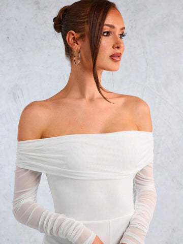 White Mesh Off Shoulder Sexy Jumpsuit For Women, Valentine's Day