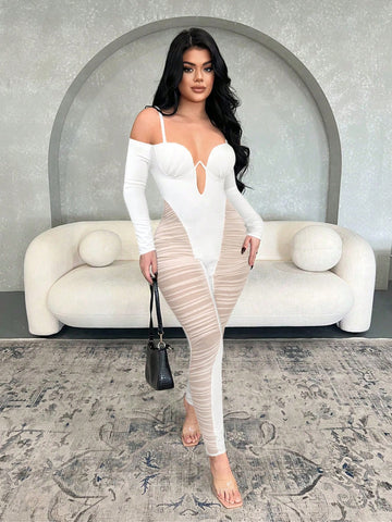 White Sheer Net Patchwork Camisole Jumpsuit With Open Shoulder Design