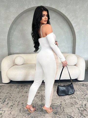White Sheer Net Patchwork Camisole Jumpsuit With Open Shoulder Design