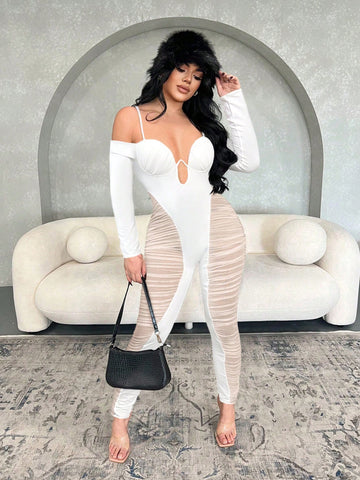 White Sheer Net Patchwork Camisole Jumpsuit With Open Shoulder Design