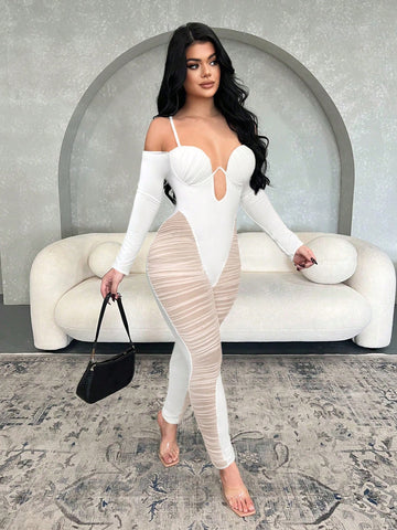 White Sheer Net Patchwork Camisole Jumpsuit With Open Shoulder Design