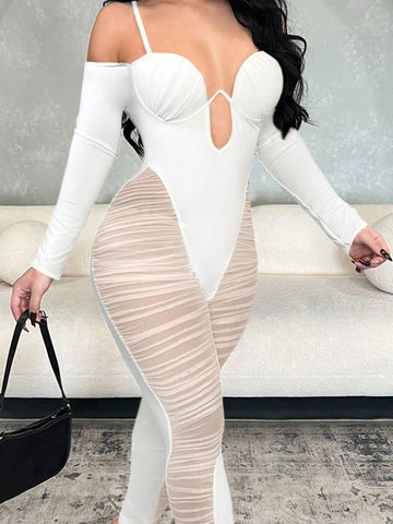White Sheer Net Patchwork Camisole Jumpsuit With Open Shoulder Design