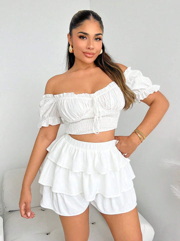 SXY White Women's Ruffle Layered Faux Linen Women's Loose Shorts
