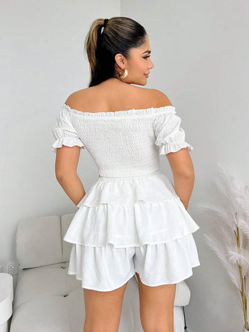 SXY White Women's Ruffle Layered Faux Linen Women's Loose Shorts
