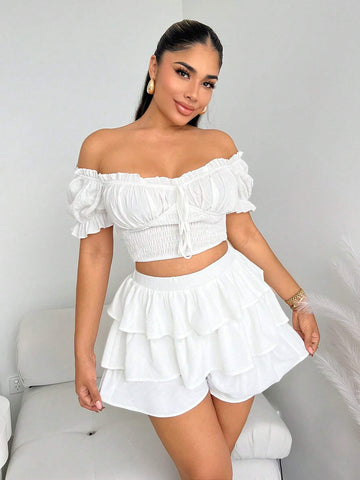 SXY White Women's Ruffle Layered Faux Linen Women's Loose Shorts