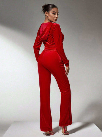 Winter Clothes Red Velvet Christmas Hoodies Pocket Pants Two-Piece Set