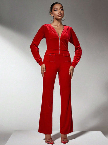 Winter Clothes Red Velvet Christmas Hoodies Pocket Pants Two-Piece Set