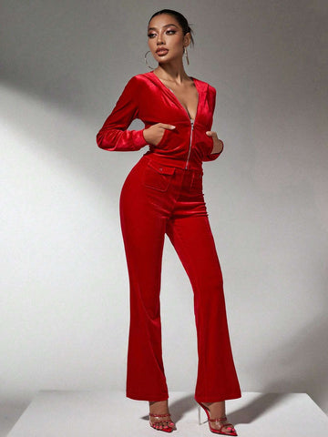 Winter Clothes Red Velvet Christmas Hoodies Pocket Pants Two-Piece Set
