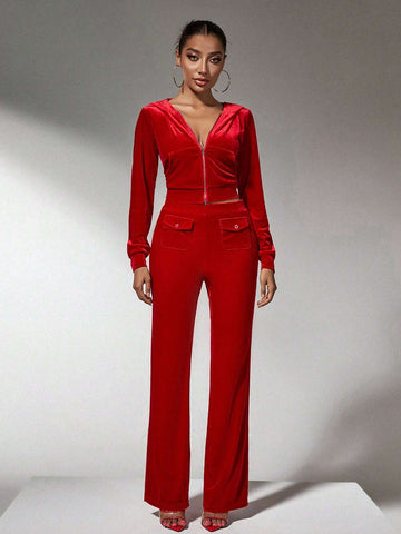 Winter Clothes Red Velvet Christmas Hoodies Pocket Pants Two-Piece Set