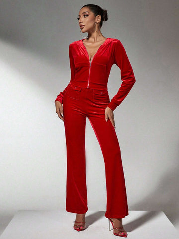 Winter Clothes Red Velvet Christmas Hoodies Pocket Pants Two-Piece Set