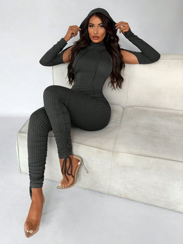 Women'S Backless Cutout Shoulders Hooded Slim Jumpsuit