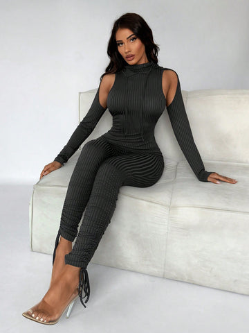 Women'S Backless Cutout Shoulders Hooded Slim Jumpsuit