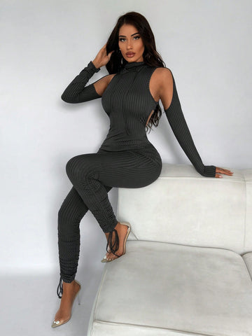 Women'S Backless Cutout Shoulders Hooded Slim Jumpsuit