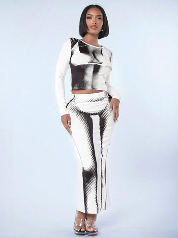 Women'S Body Print Long-Sleeved T-Shirt And Skirt Two-Piece Set