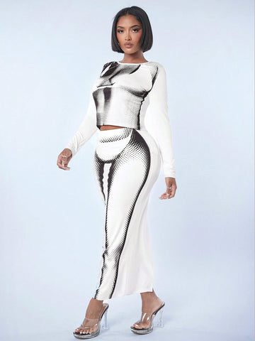 Women'S Body Print Long-Sleeved T-Shirt And Skirt Two-Piece Set