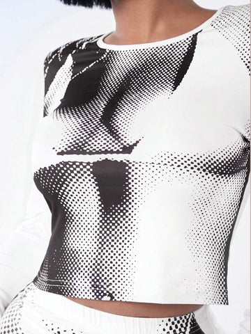 Women'S Body Print Long-Sleeved T-Shirt And Skirt Two-Piece Set