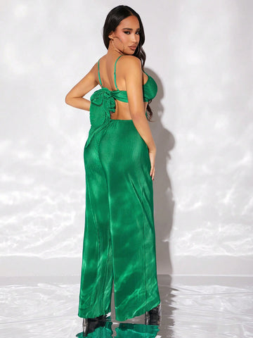 Women'S Boho Beach Vacation Green Waist Ring Hollow Out Pleated Maxi Length Jumpsuit With Spaghetti Straps