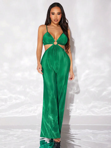 Women'S Boho Beach Vacation Green Waist Ring Hollow Out Pleated Maxi Length Jumpsuit With Spaghetti Straps