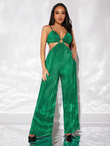 Women'S Boho Beach Vacation Green Waist Ring Hollow Out Pleated Maxi Length Jumpsuit With Spaghetti Straps