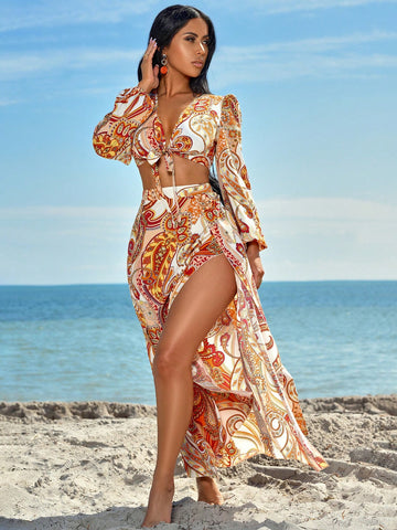 Women'S Boho Peplum Tie Front Crop Top And High Slit Skirt Set In Paisley Print