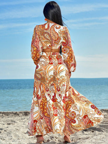 Women'S Boho Peplum Tie Front Crop Top And High Slit Skirt Set In Paisley Print