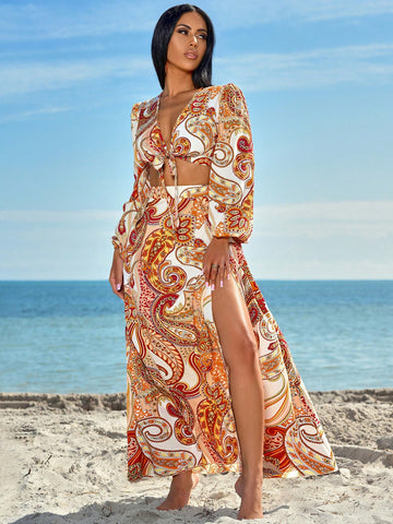 Women'S Boho Peplum Tie Front Crop Top And High Slit Skirt Set In Paisley Print
