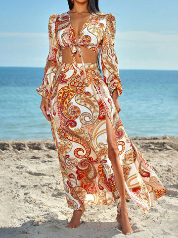 Women'S Boho Peplum Tie Front Crop Top And High Slit Skirt Set In Paisley Print