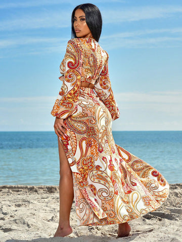 Women'S Boho Peplum Tie Front Crop Top And High Slit Skirt Set In Paisley Print