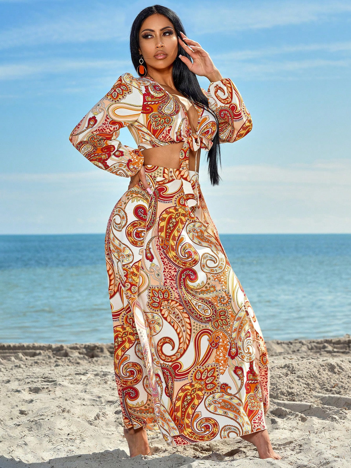 Women'S Boho Peplum Tie Front Crop Top And High Slit Skirt Set In Paisley Print