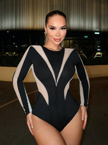 Women'S Color Block Long Sleeve Bodysuit