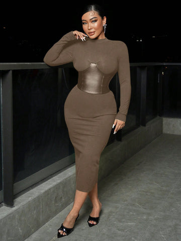 Women'S Color Block Long Sleeves Bodycon Dress With Side Split
